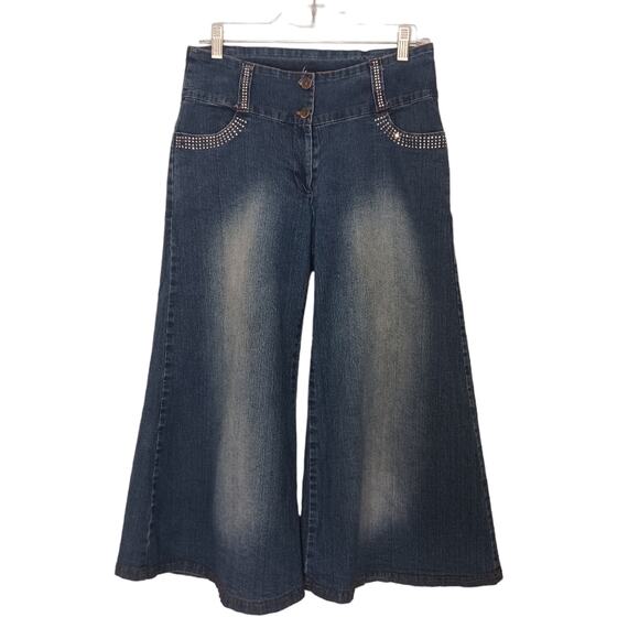 Y2K GAUCHOS Coullotes Jrs Sz XL Denim Stretch Spandex RHINESTONES Sun Fade - Picture 1 of 16